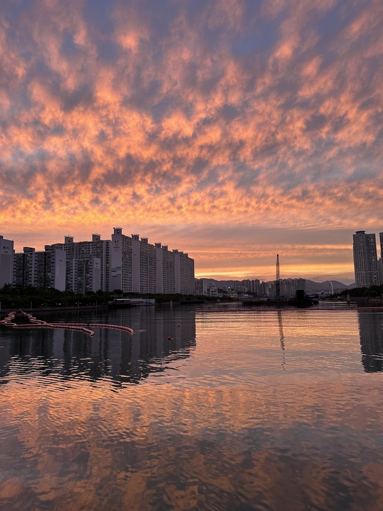在海面上铺开的红色晚霞云