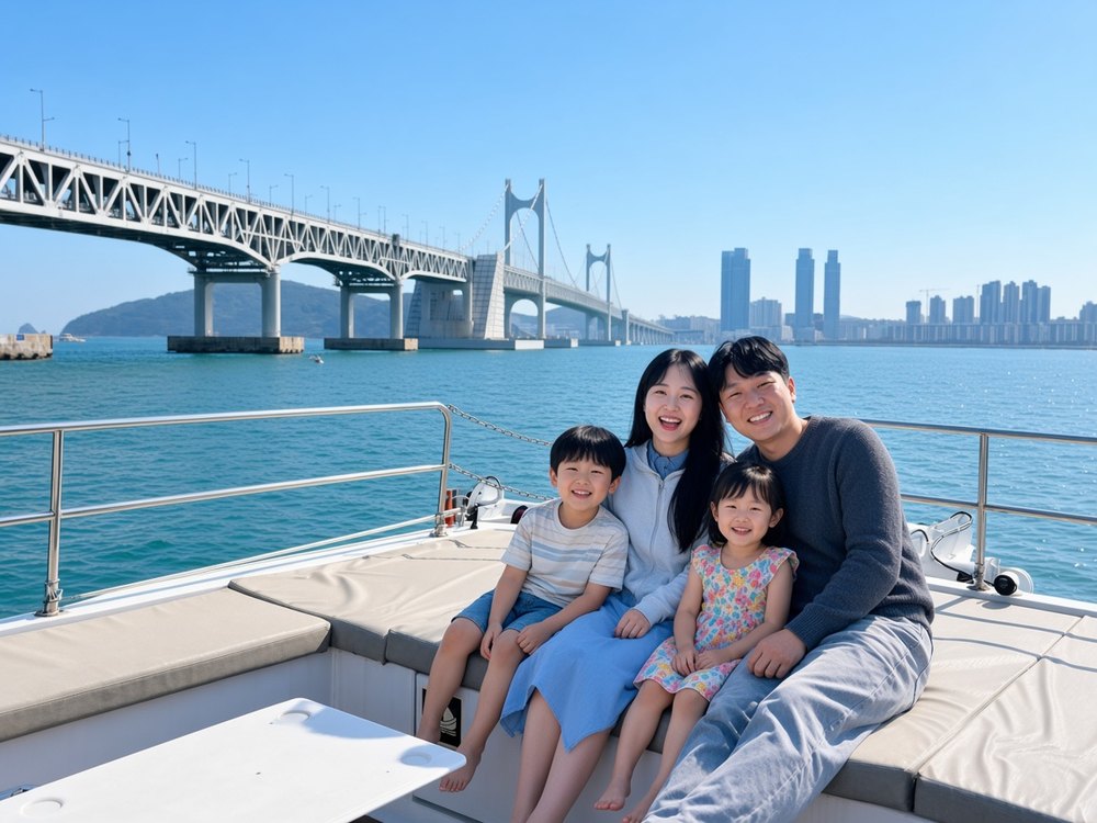 以广安大桥为背景乘坐游船的一家人